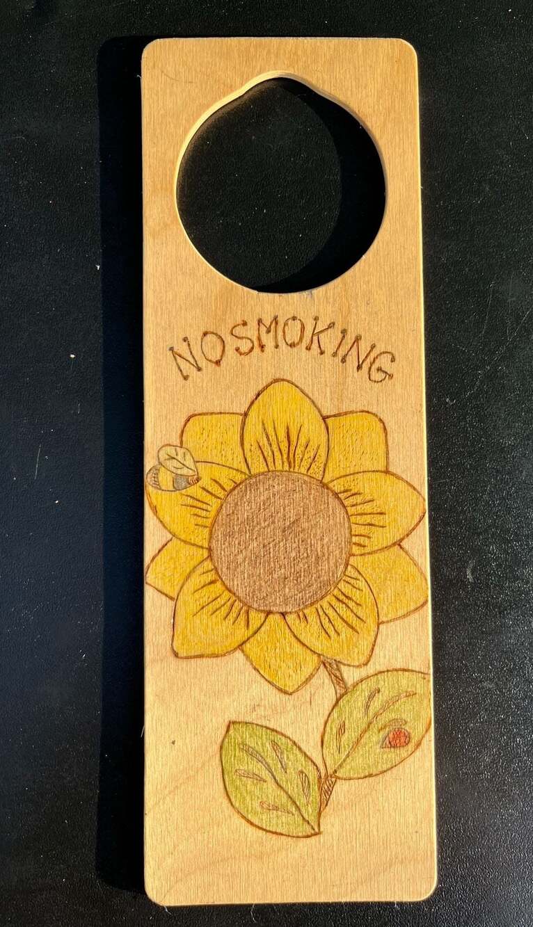 Handmade Wood Burned Sunflower No Smoking Door Hanger Sign
